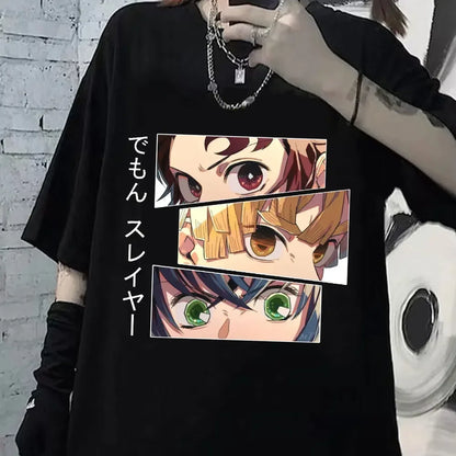 Anime T-Shirt Tanjirou Kamado Eyes Graphic Harajuku Cartoon Unisex T Shirt Male Demon Slayer Kimetsu No Yaiba Men's Tshirt Tops