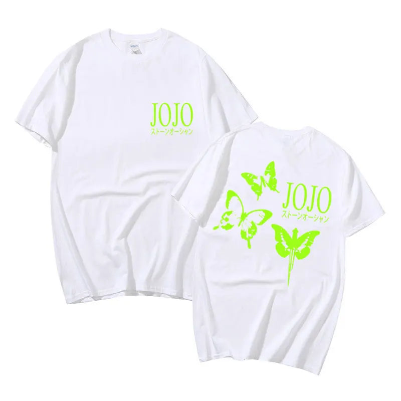 Anime JoJo Bizarre Adventure Stone Ocean Graphic Tee Shirt Men Women Manga Harajuku Tshirt Unisex Green Butterfly Graphic Tees